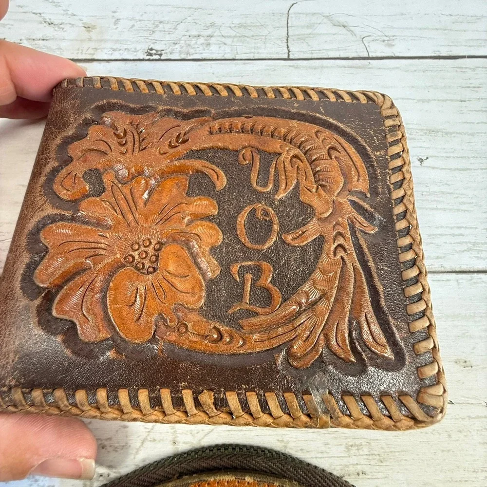 Vintage Hand Tooled Leather Wallet & Mexico Coin Purse Set Western Floral Horse